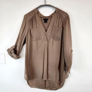 100% silk taupe, tunic top, size medium by Moda International high low